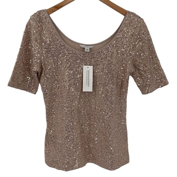 Banana Republic Sequin Top Scoop Neck Pink Fitted Sparkly Women Small NWT 883950 - Picture 1 of 6